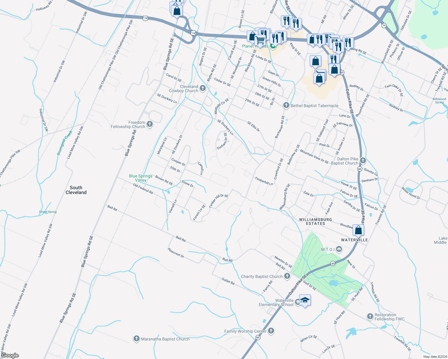 map of restaurants, bars, coffee shops, grocery stores, and more near 1042 Southeast Forest Drive in Cleveland