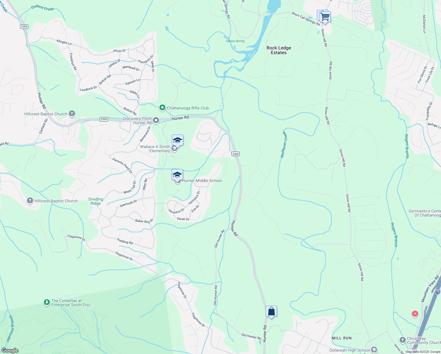 map of restaurants, bars, coffee shops, grocery stores, and more near 6886 Bucksland Drive in Ooltewah