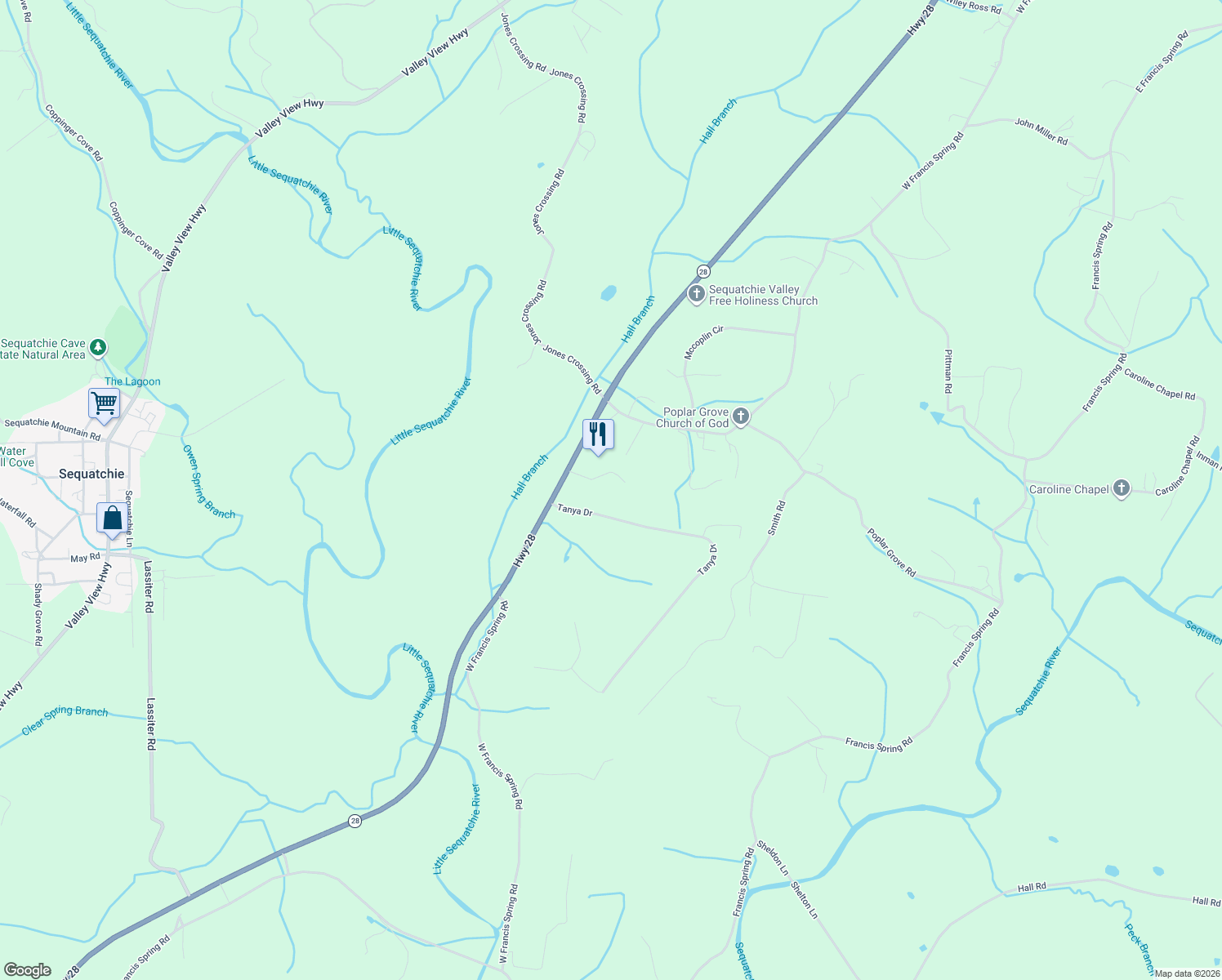 map of restaurants, bars, coffee shops, grocery stores, and more near 7054 Tennessee 28 in Whitwell