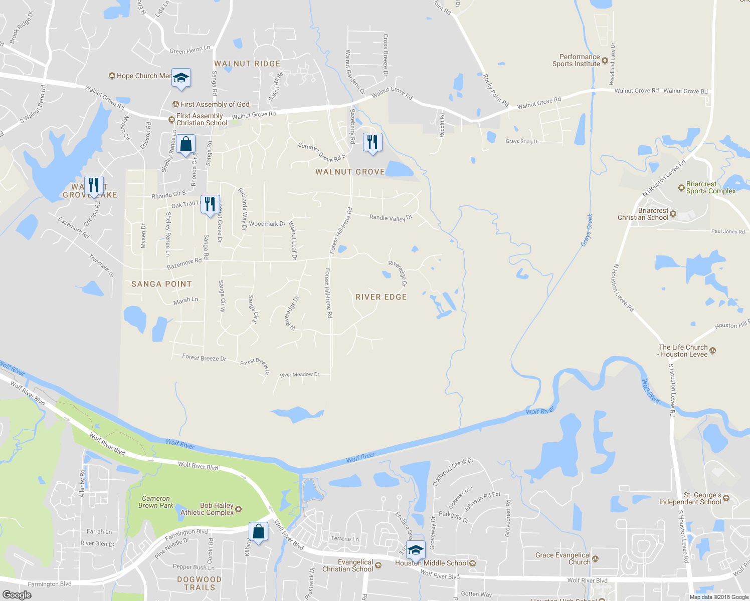 map of restaurants, bars, coffee shops, grocery stores, and more near 365 Bluffside Point in Shelby County