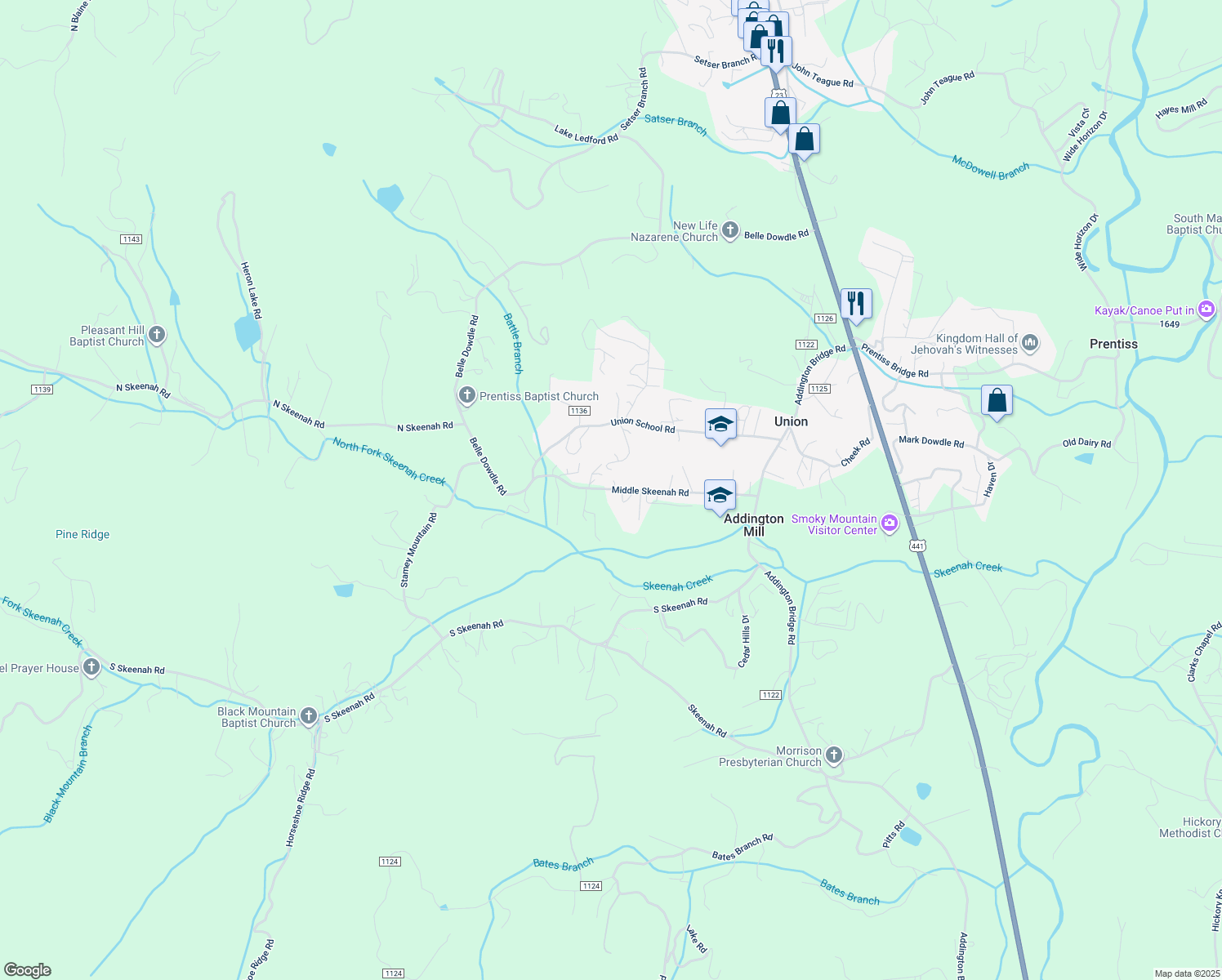 map of restaurants, bars, coffee shops, grocery stores, and more near Middle Skeenah Road in Franklin