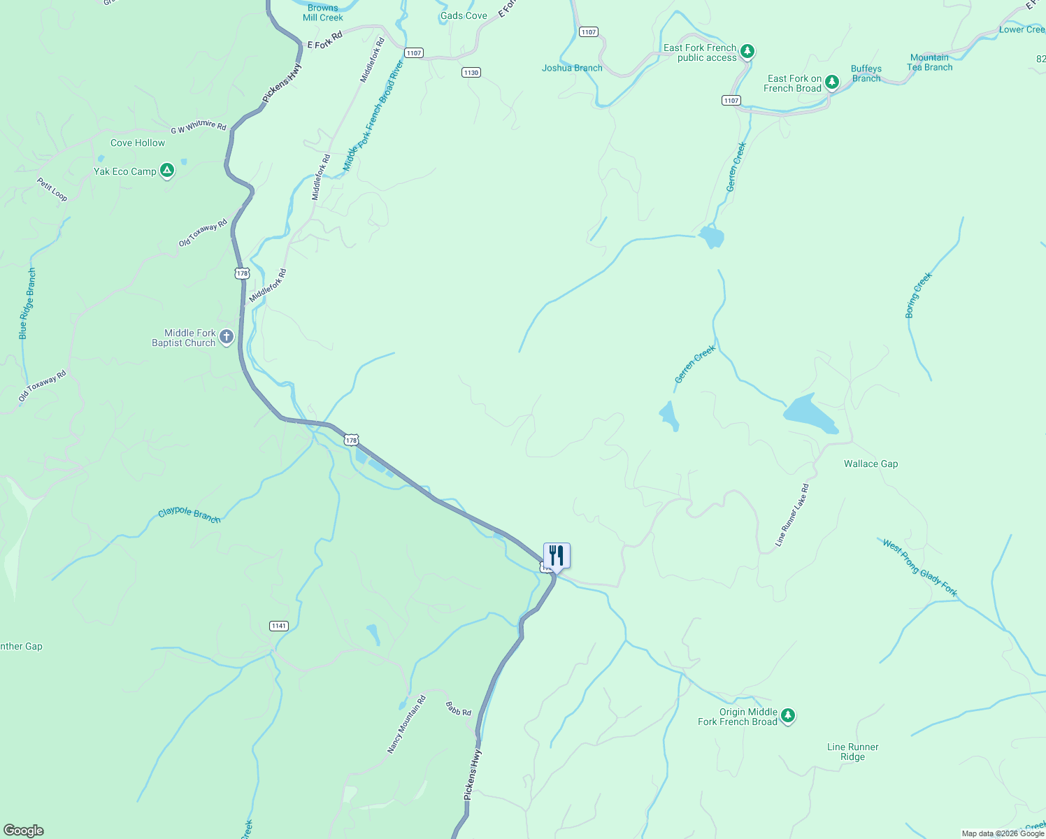 map of restaurants, bars, coffee shops, grocery stores, and more near 38 Oak Ridge Road West in Rosman