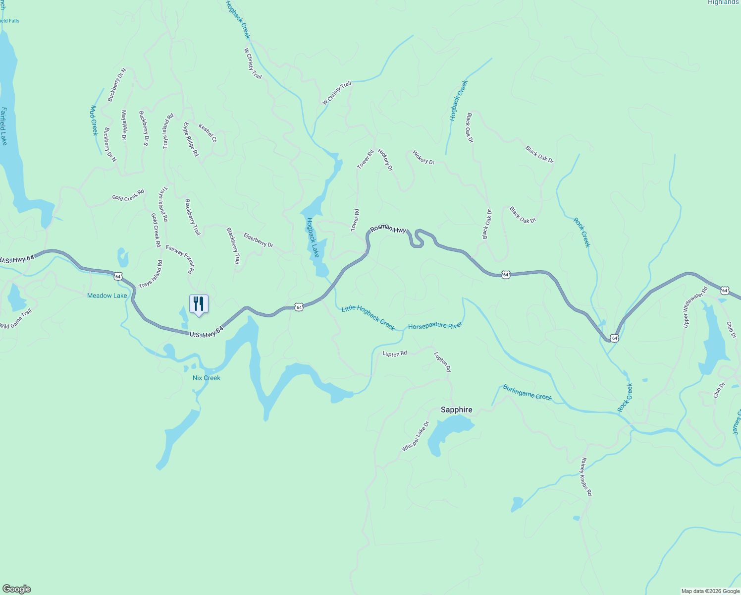 map of restaurants, bars, coffee shops, grocery stores, and more near 24 Rhododendron Run in Sapphire