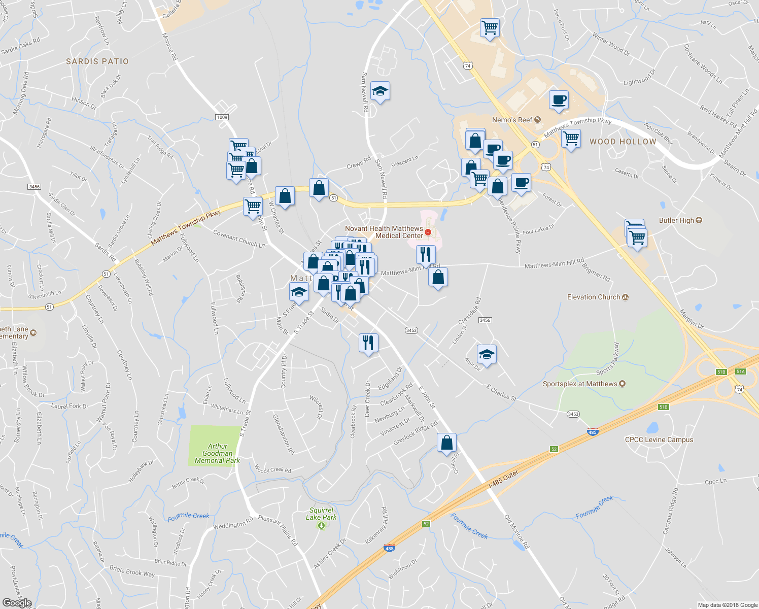 map of restaurants, bars, coffee shops, grocery stores, and more near 329 East Charles Street in Matthews