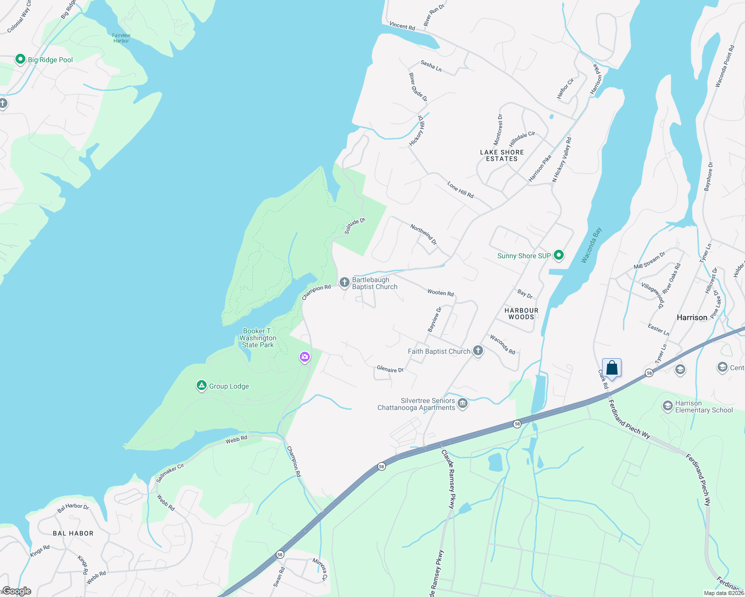 map of restaurants, bars, coffee shops, grocery stores, and more near 112 Jamestown Road in Chattanooga