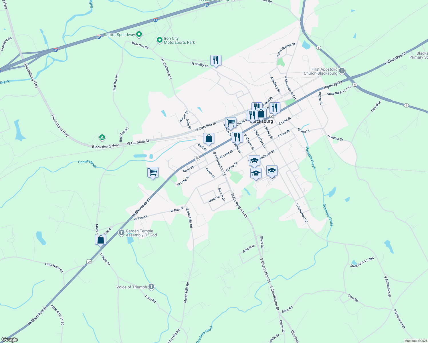 map of restaurants, bars, coffee shops, grocery stores, and more near 123 Green Street in Blacksburg