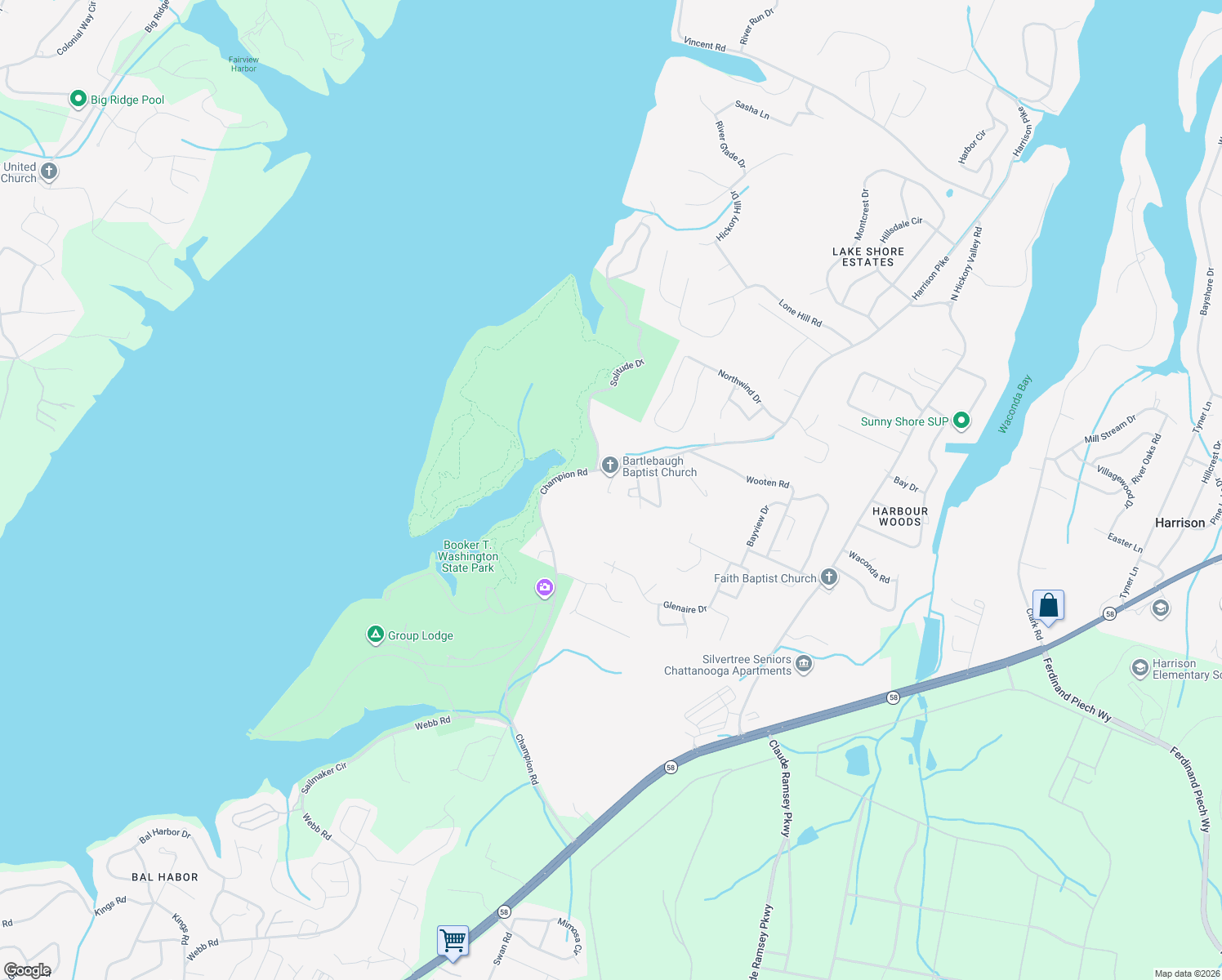 map of restaurants, bars, coffee shops, grocery stores, and more near 6128 Champion Road in Chattanooga