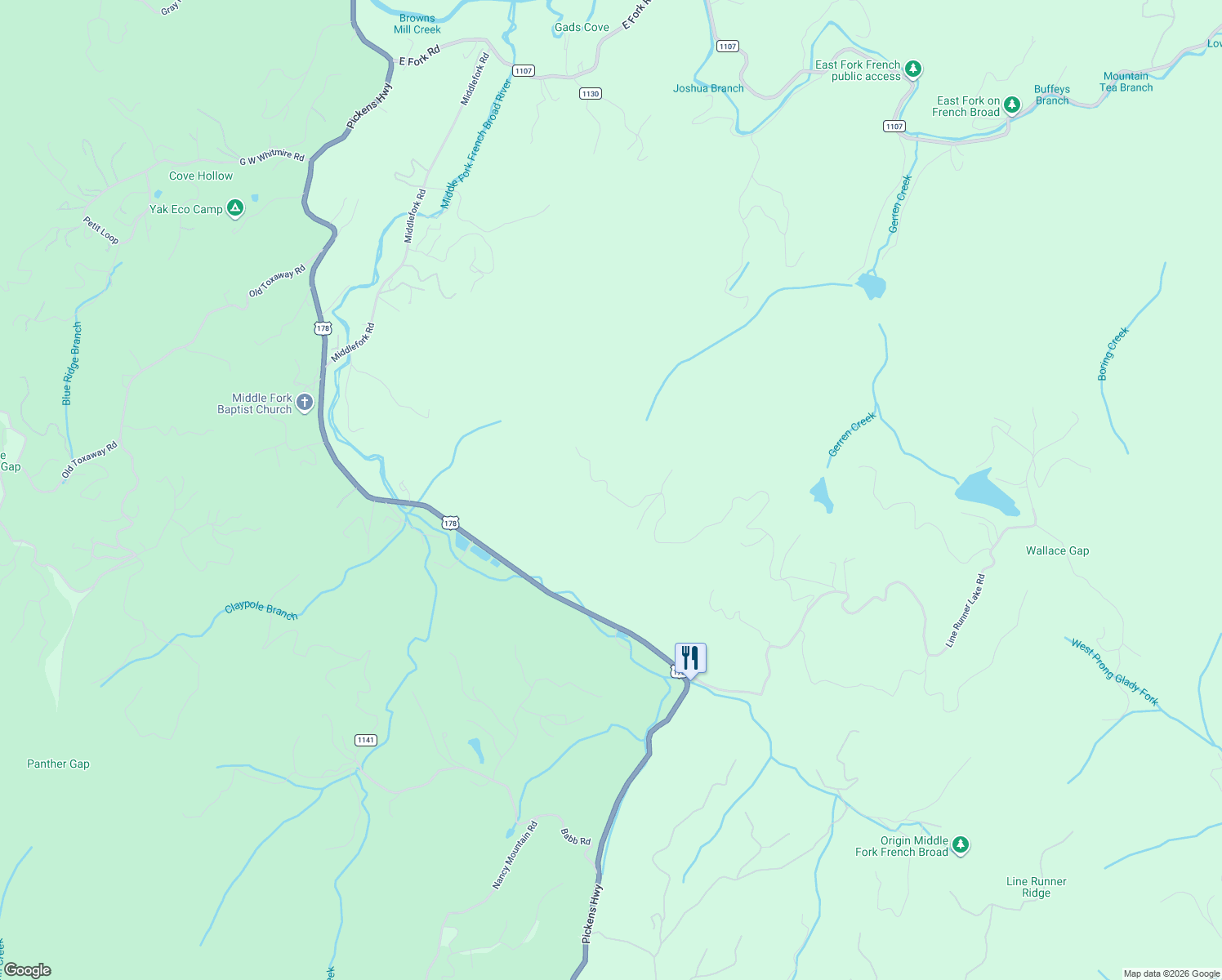 map of restaurants, bars, coffee shops, grocery stores, and more near 1330 Joshua Road in Rosman