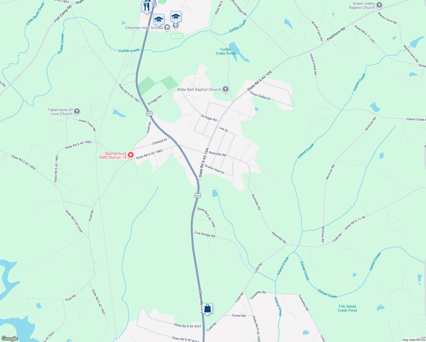 map of restaurants, bars, coffee shops, grocery stores, and more near 308 Scenic View Drive in Chesnee