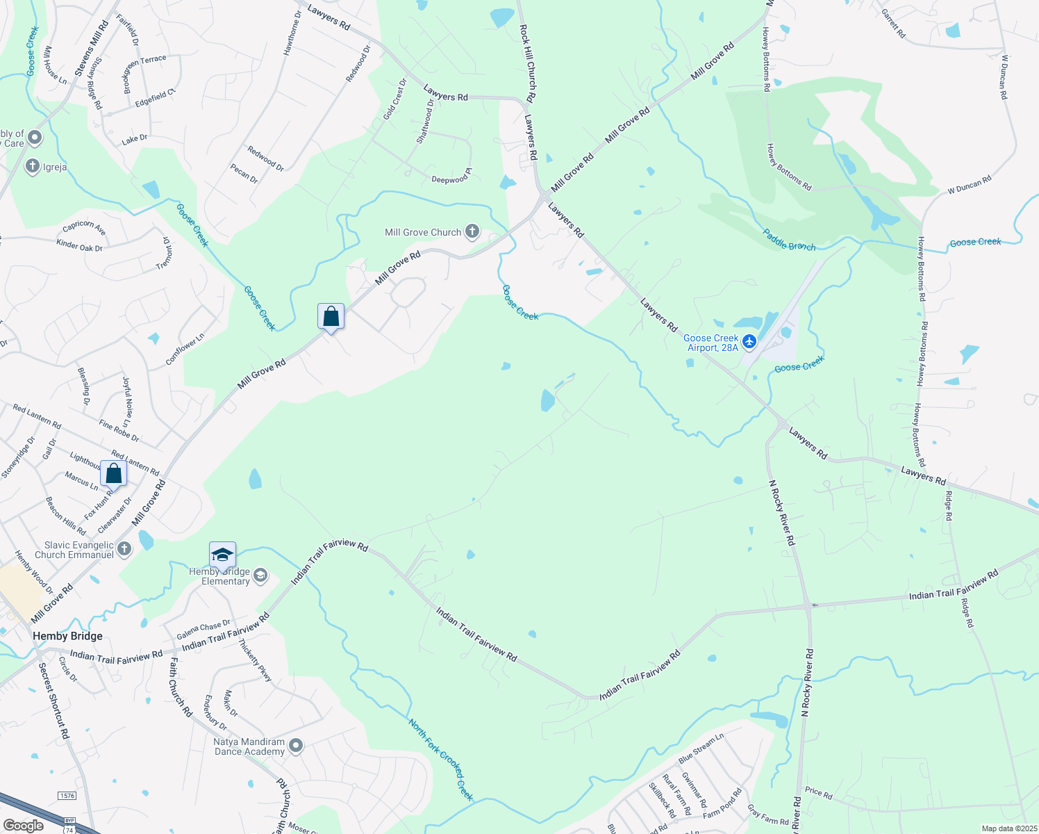 map of restaurants, bars, coffee shops, grocery stores, and more near 7317 Cunningham Lane in Indian Trail