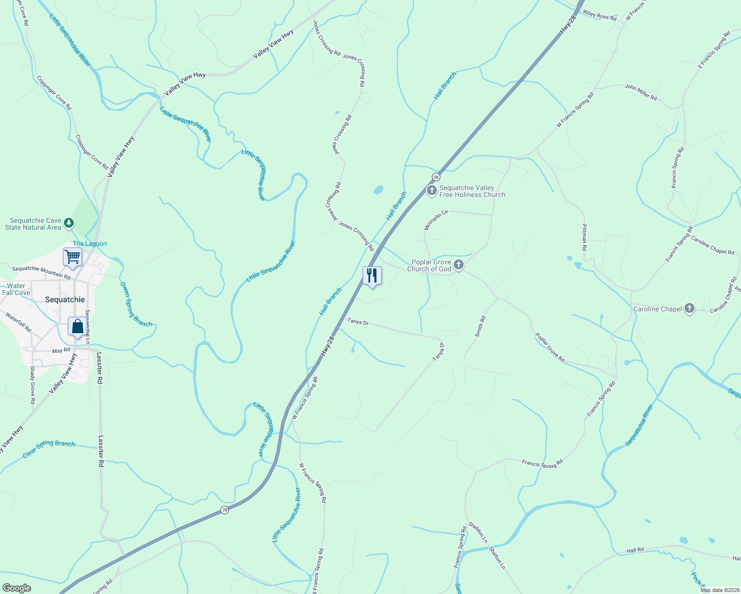 map of restaurants, bars, coffee shops, grocery stores, and more near 7054 Tennessee 28 in Whitwell