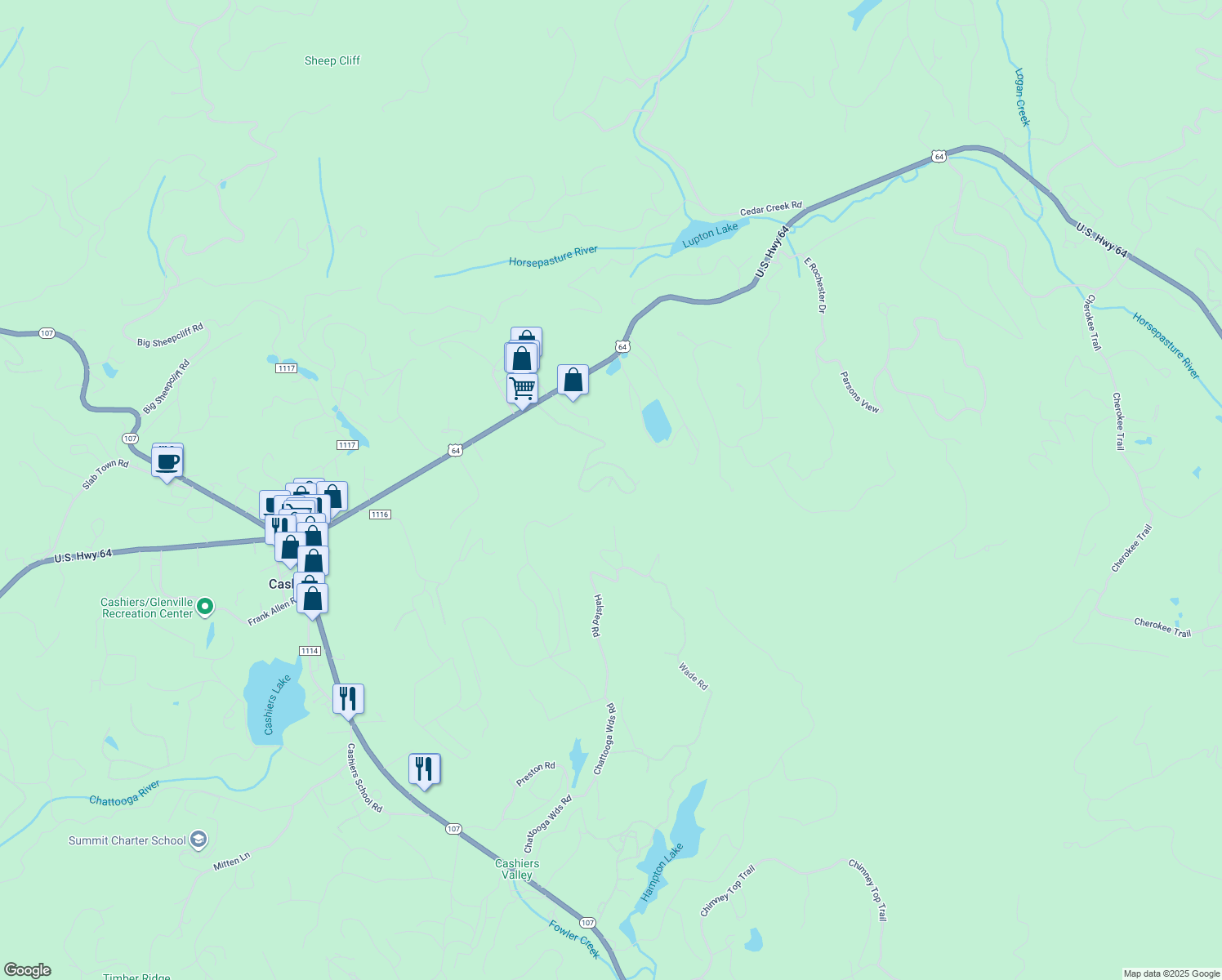 map of restaurants, bars, coffee shops, grocery stores, and more near 77 Chattooga Ridge Trail in Cashiers