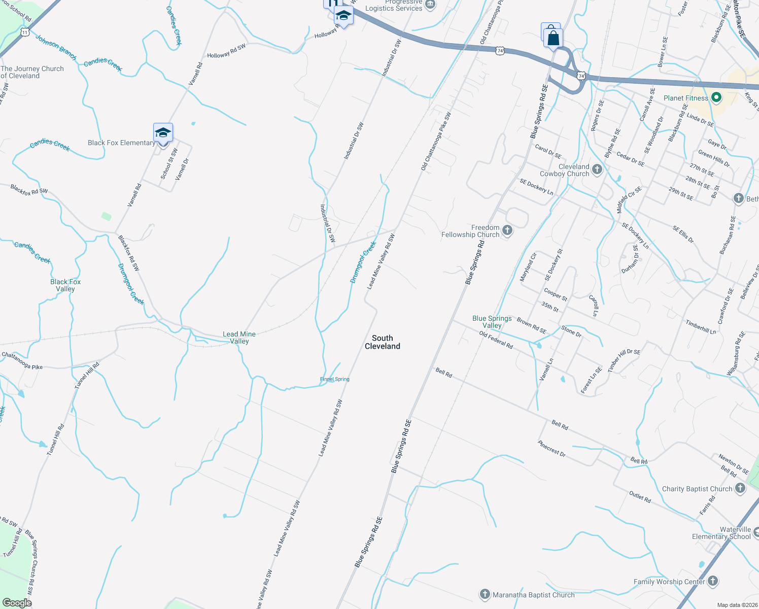 map of restaurants, bars, coffee shops, grocery stores, and more near 294-478 Lead Mine Valley Road Southwest in Cleveland