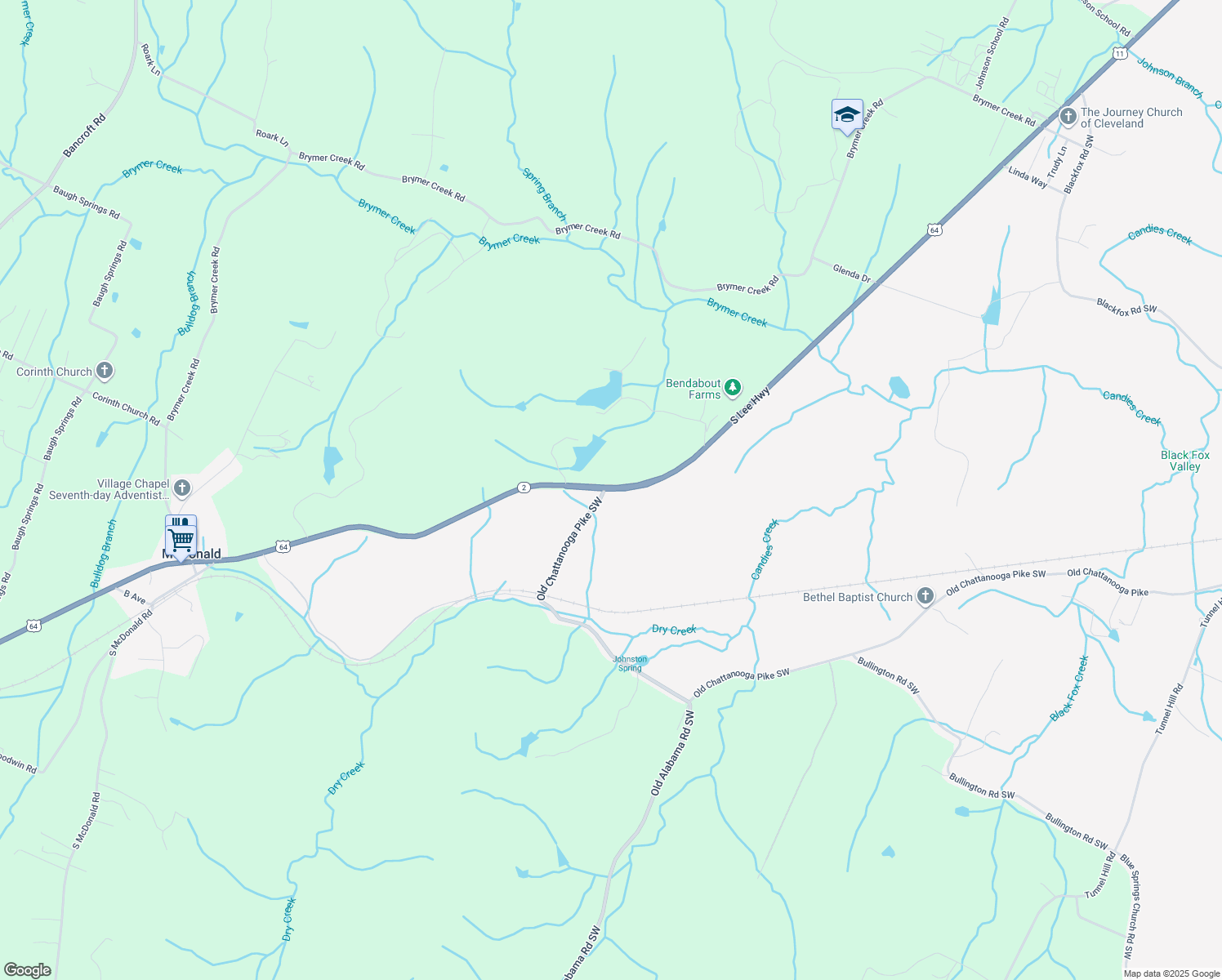 map of restaurants, bars, coffee shops, grocery stores, and more near 3553 South Lee Highway in McDonald