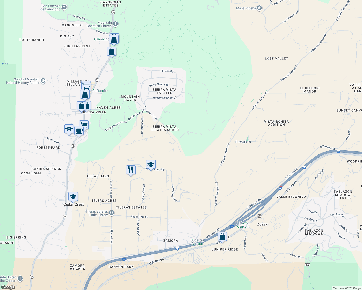 map of restaurants, bars, coffee shops, grocery stores, and more near 39 Sierra Vista in Cedar Crest