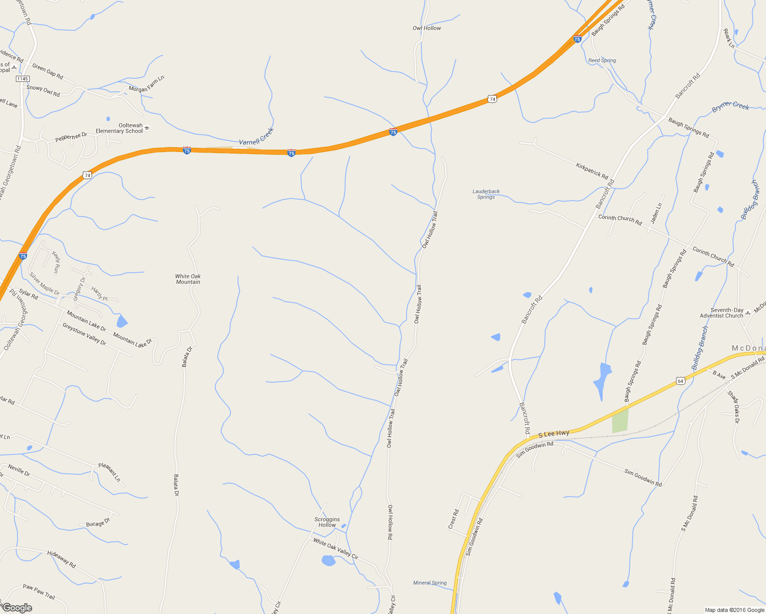 map of restaurants, bars, coffee shops, grocery stores, and more near 7711 Owl Hollow Trail in McDonald