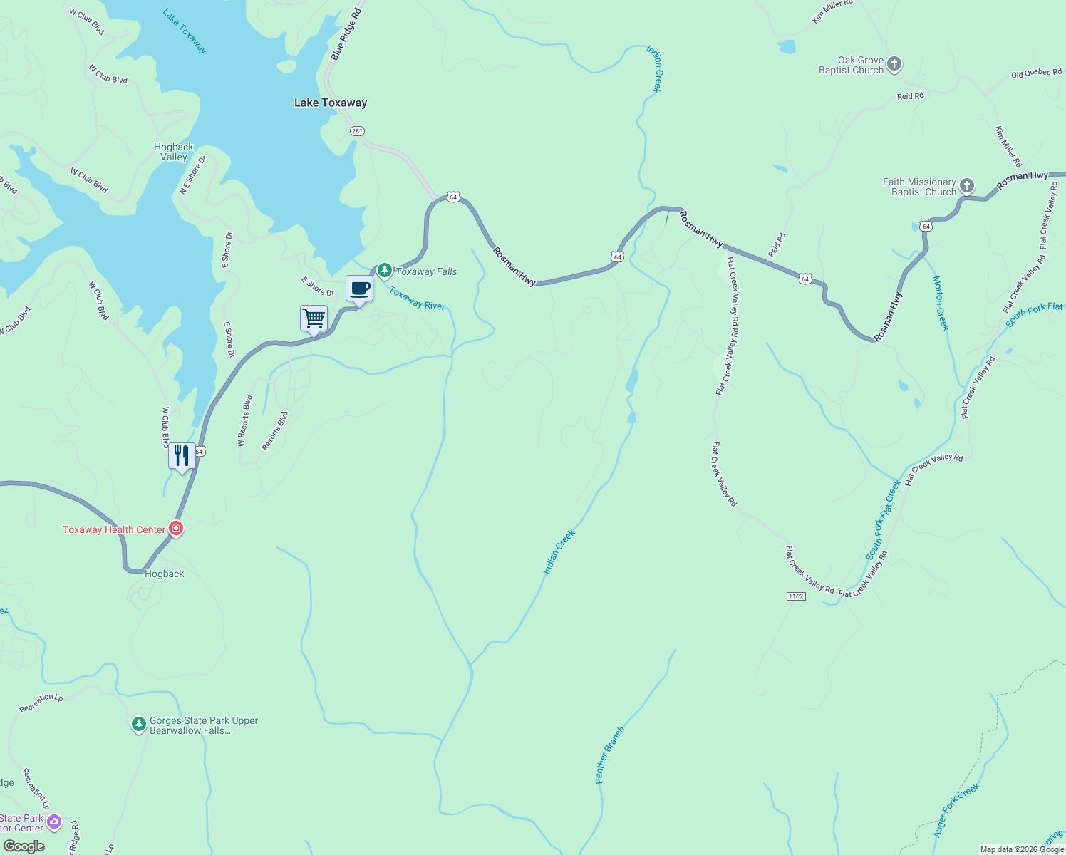 map of restaurants, bars, coffee shops, grocery stores, and more near 560-580 Whetstone Gap Rd in Lake Toxaway