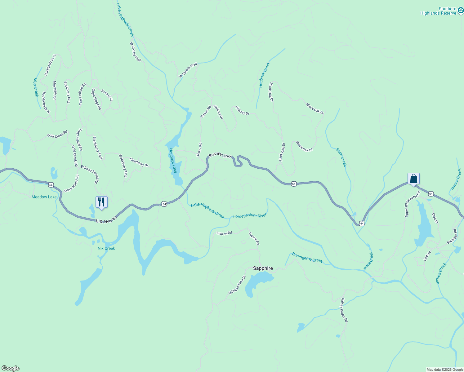 map of restaurants, bars, coffee shops, grocery stores, and more near 221 Narrows Rd in Sapphire