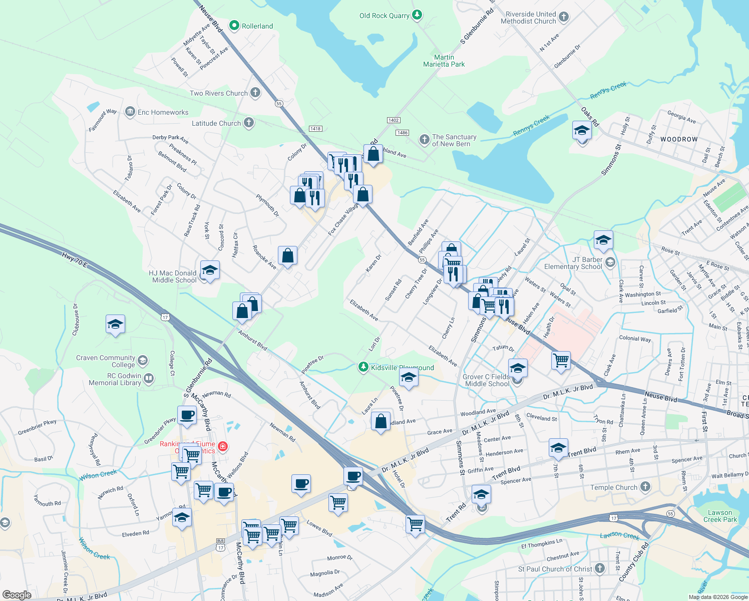 map of restaurants, bars, coffee shops, grocery stores, and more near 1102 Fulcher Ln in New Bern