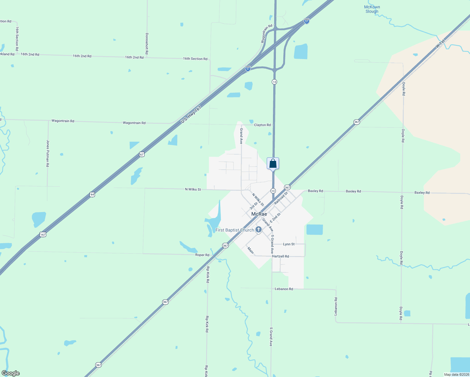 map of restaurants, bars, coffee shops, grocery stores, and more near 410 North Wilks Street in McRae
