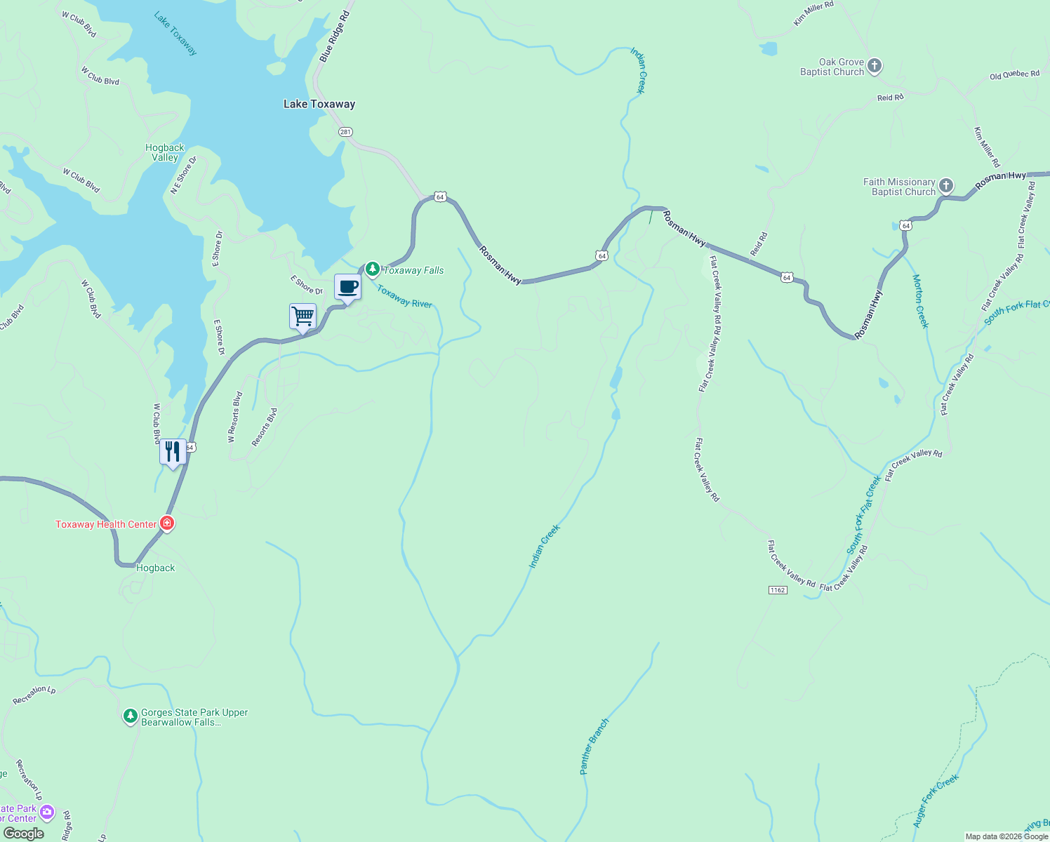 map of restaurants, bars, coffee shops, grocery stores, and more near 580 Whetstone Gap Road in Lake Toxaway