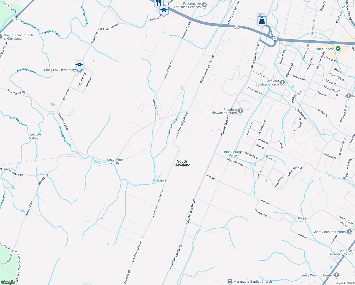 map of restaurants, bars, coffee shops, grocery stores, and more near 294-478 Lead Mine Valley Road Southwest in Cleveland