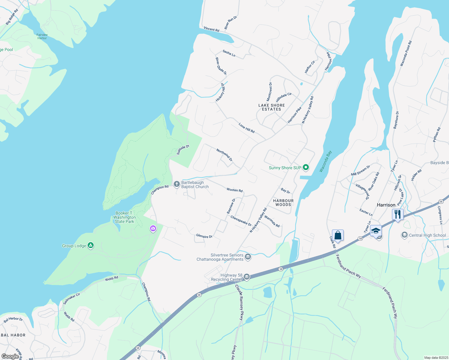map of restaurants, bars, coffee shops, grocery stores, and more near 6320 Champion Road in Chattanooga