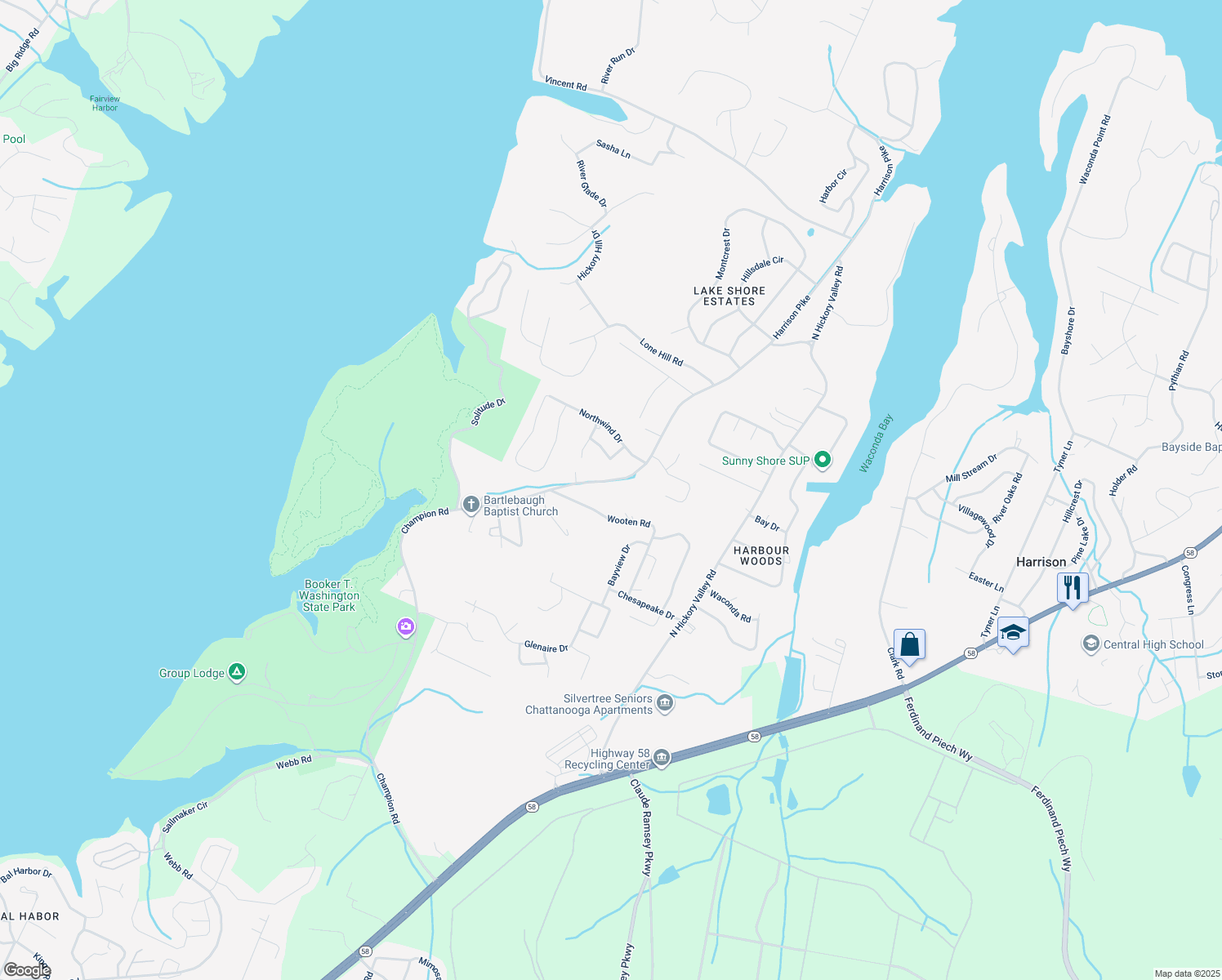 map of restaurants, bars, coffee shops, grocery stores, and more near 6320 Champion Road in Chattanooga