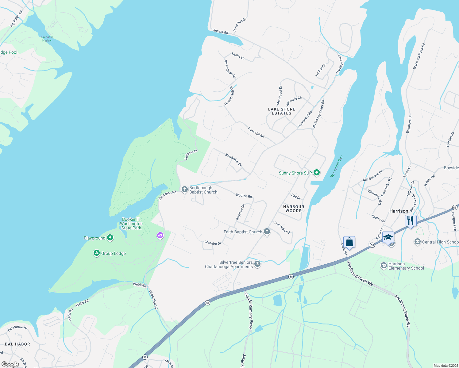 map of restaurants, bars, coffee shops, grocery stores, and more near 6320 Champion Road in Chattanooga