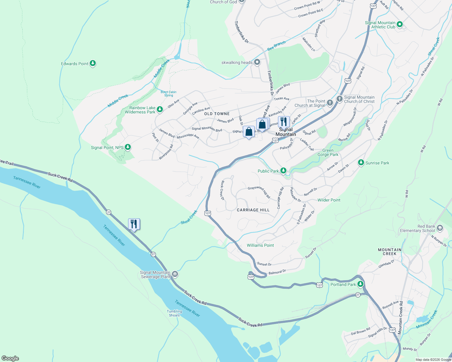 map of restaurants, bars, coffee shops, grocery stores, and more near 33 Rock Crest Drive in Signal Mountain