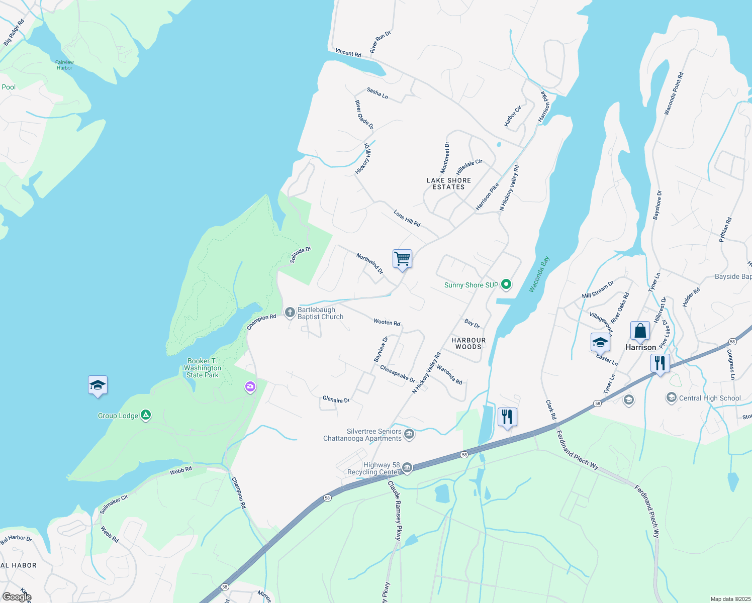 map of restaurants, bars, coffee shops, grocery stores, and more near 6320 Champion Road in Chattanooga
