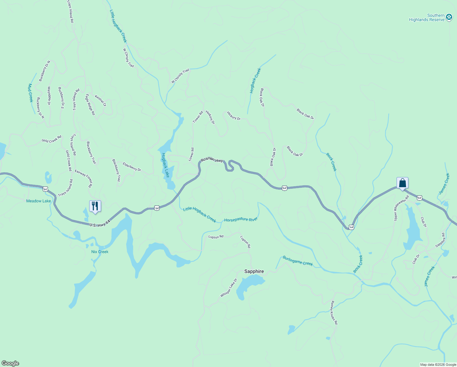 map of restaurants, bars, coffee shops, grocery stores, and more near 221 Narrows Road in Sapphire