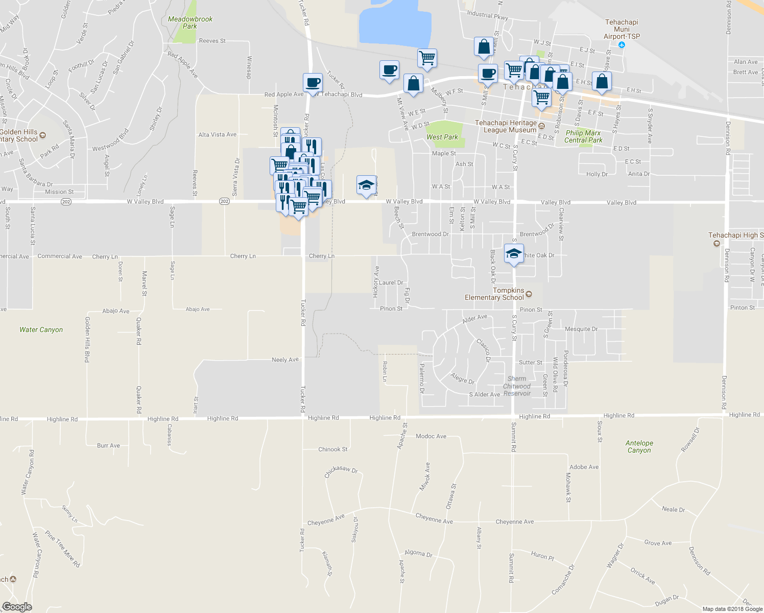 map of restaurants, bars, coffee shops, grocery stores, and more near 1197 Magnolia Court in Tehachapi