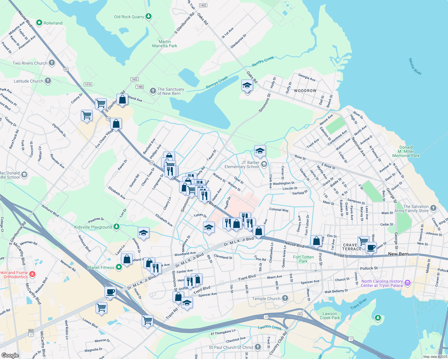 map of restaurants, bars, coffee shops, grocery stores, and more near 1401 Helen Ave in New Bern