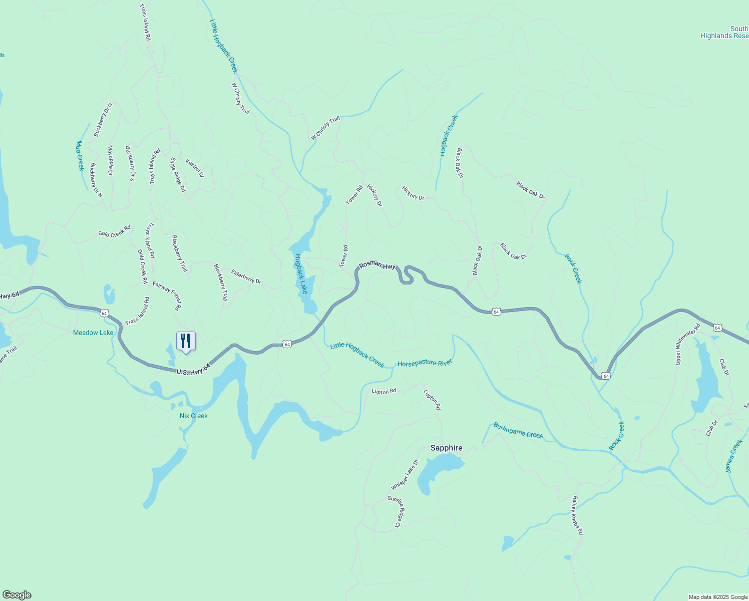 map of restaurants, bars, coffee shops, grocery stores, and more near 111 Narrows Road in Sapphire