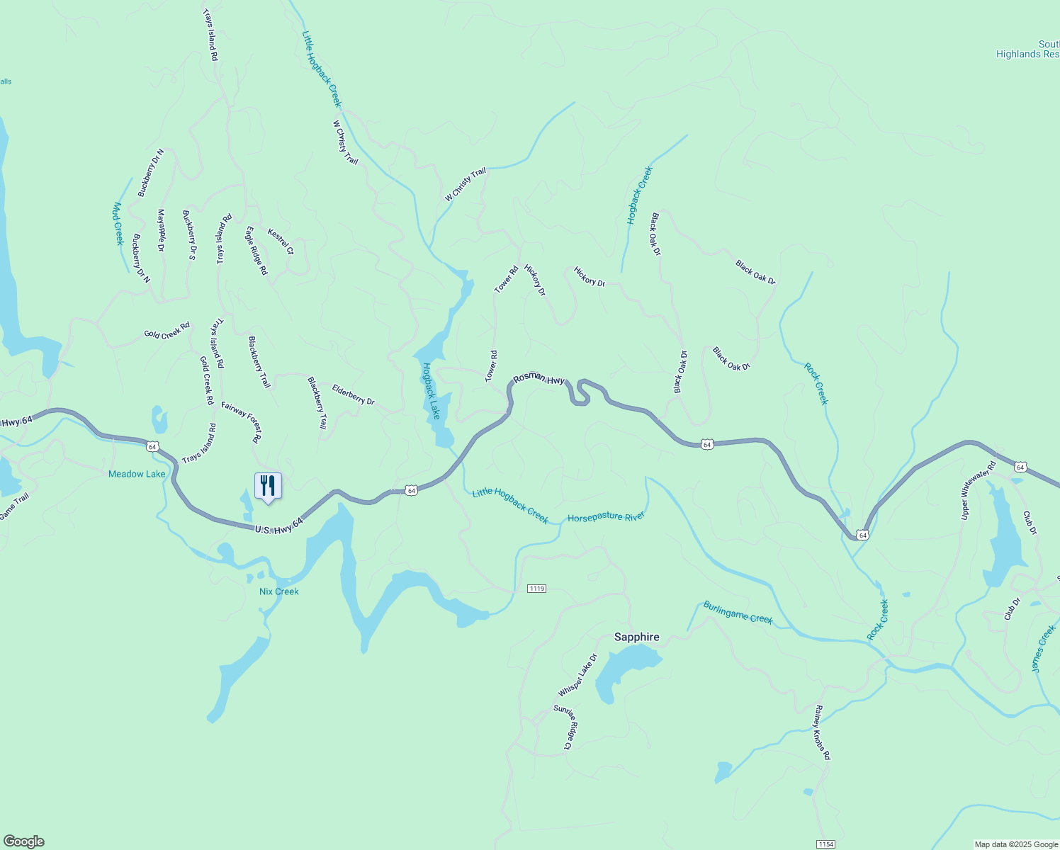 map of restaurants, bars, coffee shops, grocery stores, and more near 69 Narrows Road in Sapphire