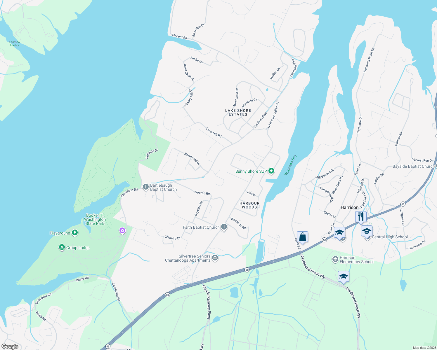 map of restaurants, bars, coffee shops, grocery stores, and more near 9107 Misty Ridge Drive in Chattanooga