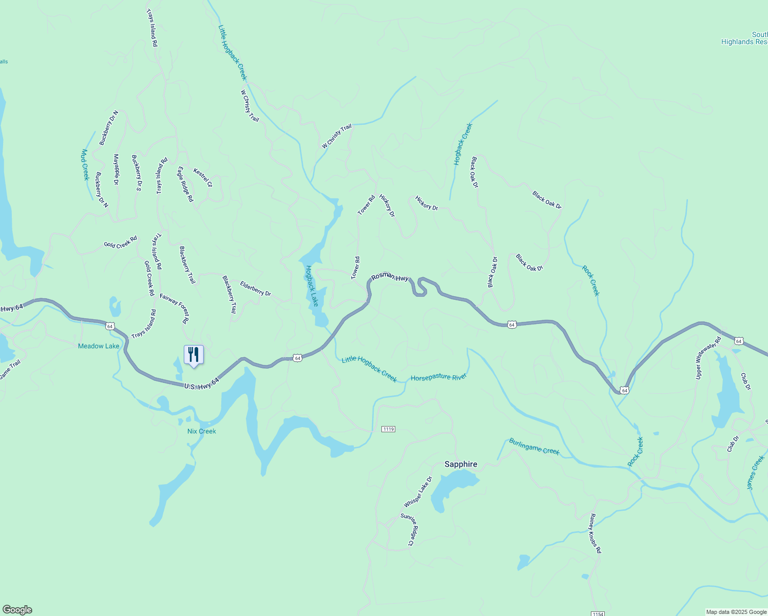 map of restaurants, bars, coffee shops, grocery stores, and more near 69 Narrows Road in Sapphire