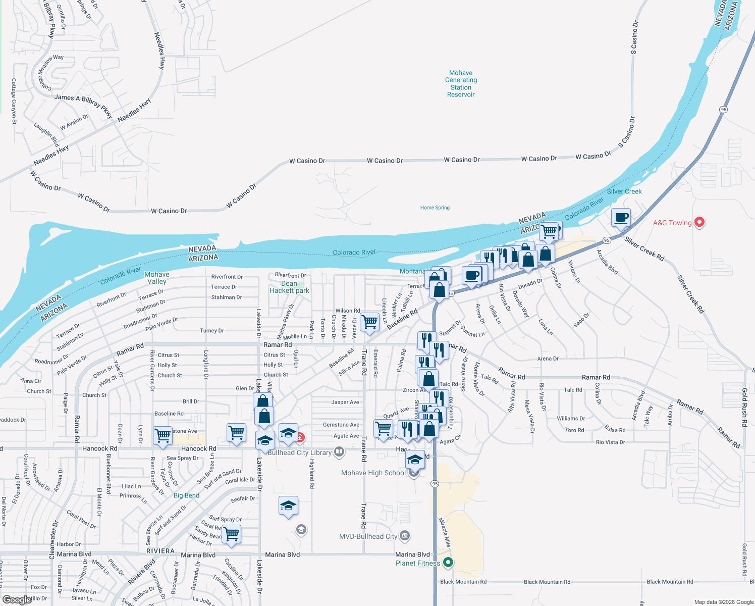 map of restaurants, bars, coffee shops, grocery stores, and more near 1386 Rubel Lane in Bullhead City