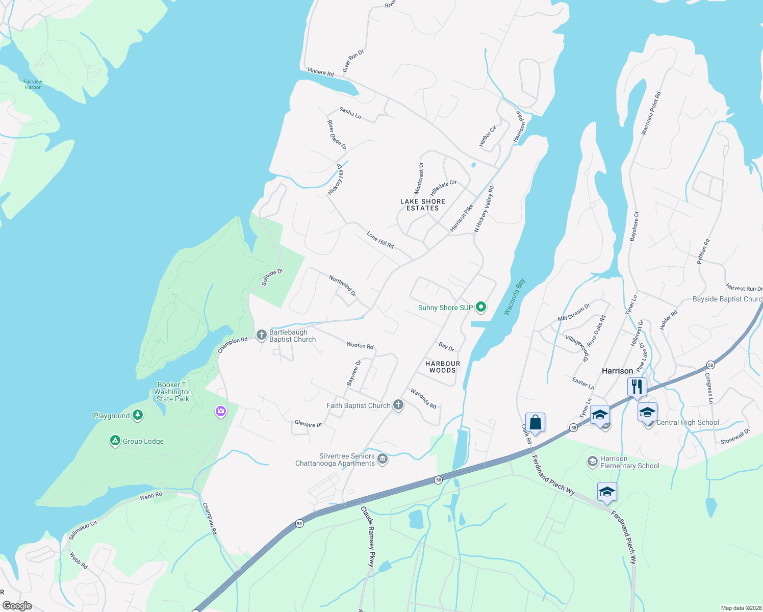 map of restaurants, bars, coffee shops, grocery stores, and more near 9107 Misty Ridge Drive in Chattanooga