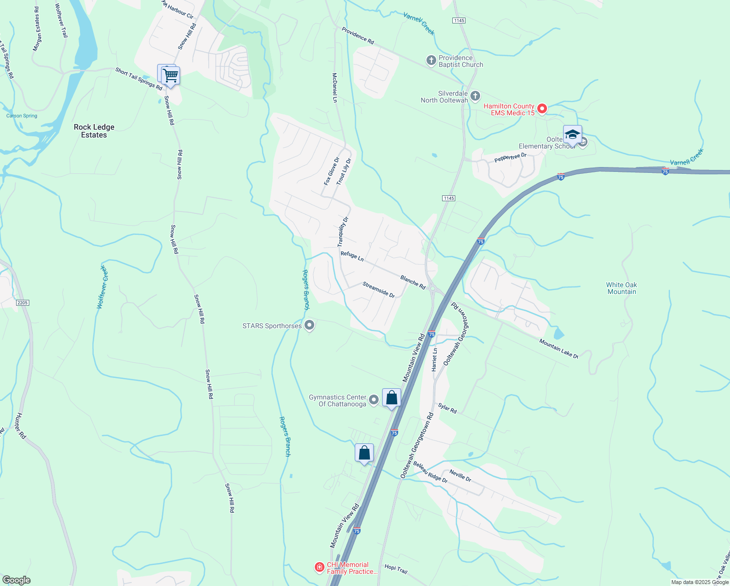 map of restaurants, bars, coffee shops, grocery stores, and more near 8785 Cody-Dan Court in Ooltewah