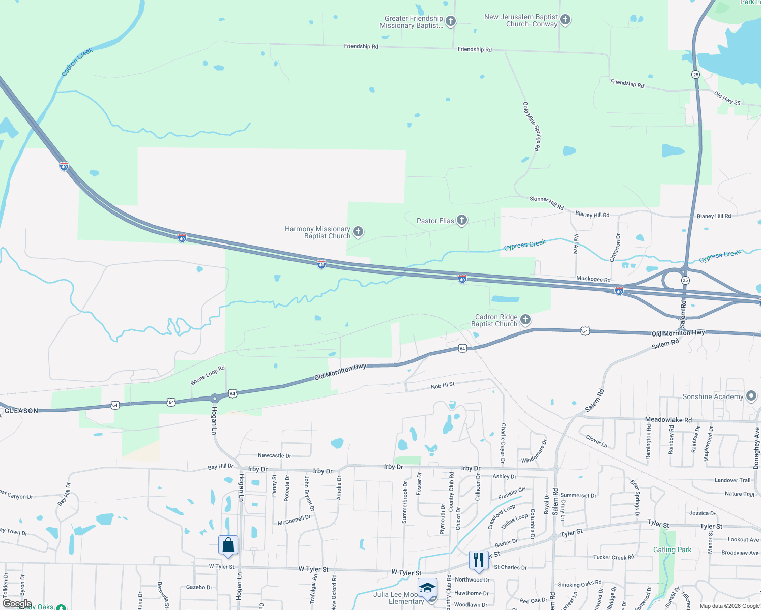 map of restaurants, bars, coffee shops, grocery stores, and more near 3180 U.S. 64 in Conway