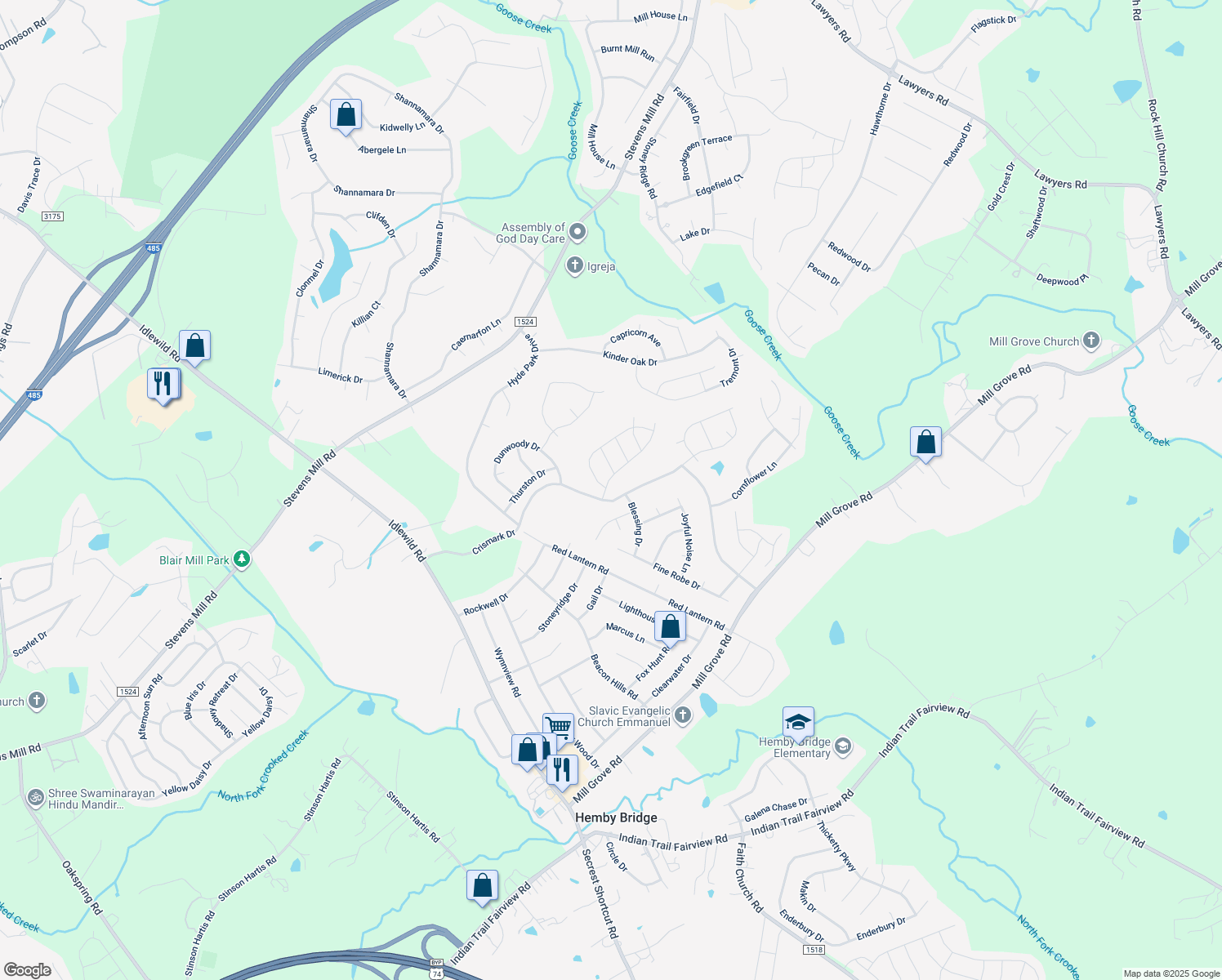 map of restaurants, bars, coffee shops, grocery stores, and more near 1004 Centerview Dr in Indian Trail