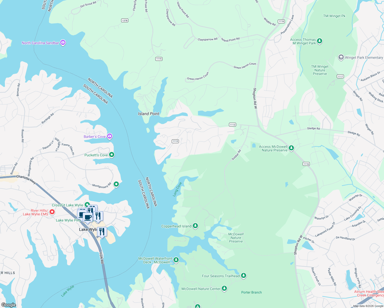 map of restaurants, bars, coffee shops, grocery stores, and more near 14536 Harbor Estate Road in Charlotte