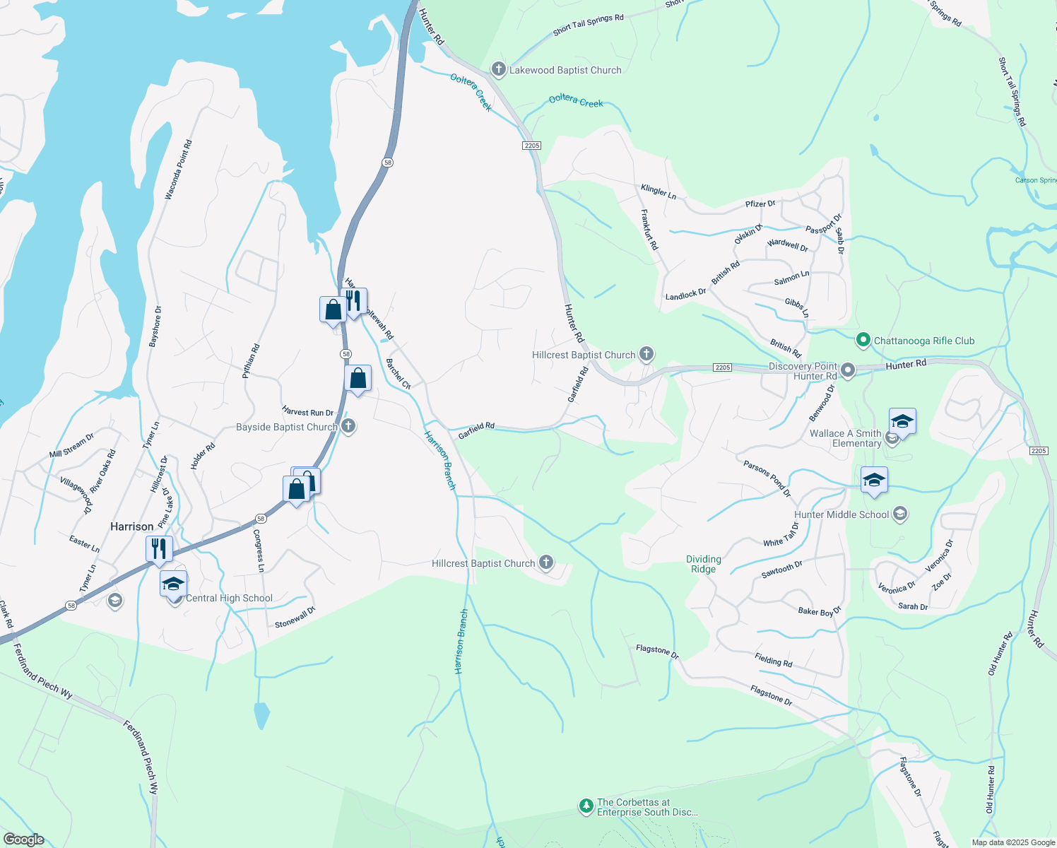 map of restaurants, bars, coffee shops, grocery stores, and more near 7129 Garfield Road in Harrison