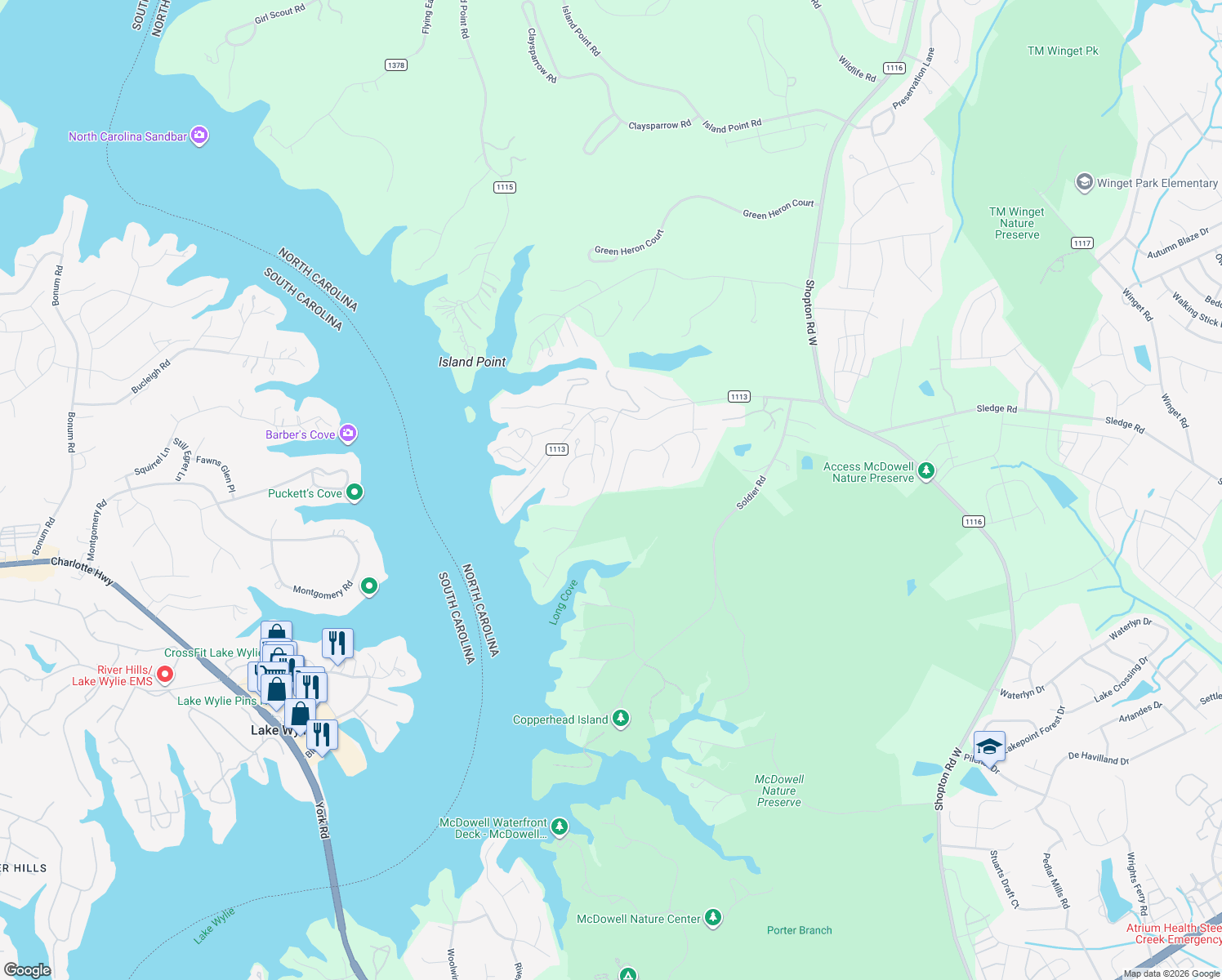 map of restaurants, bars, coffee shops, grocery stores, and more near 14536 Harbor Estate Road in Charlotte