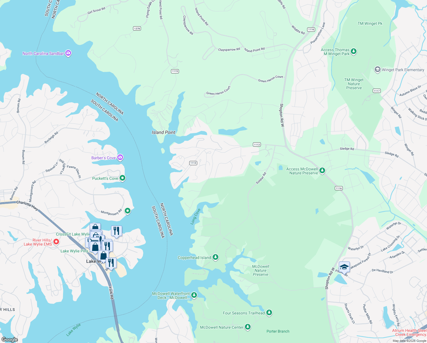 map of restaurants, bars, coffee shops, grocery stores, and more near 14536 Harbor Estate Road in Charlotte