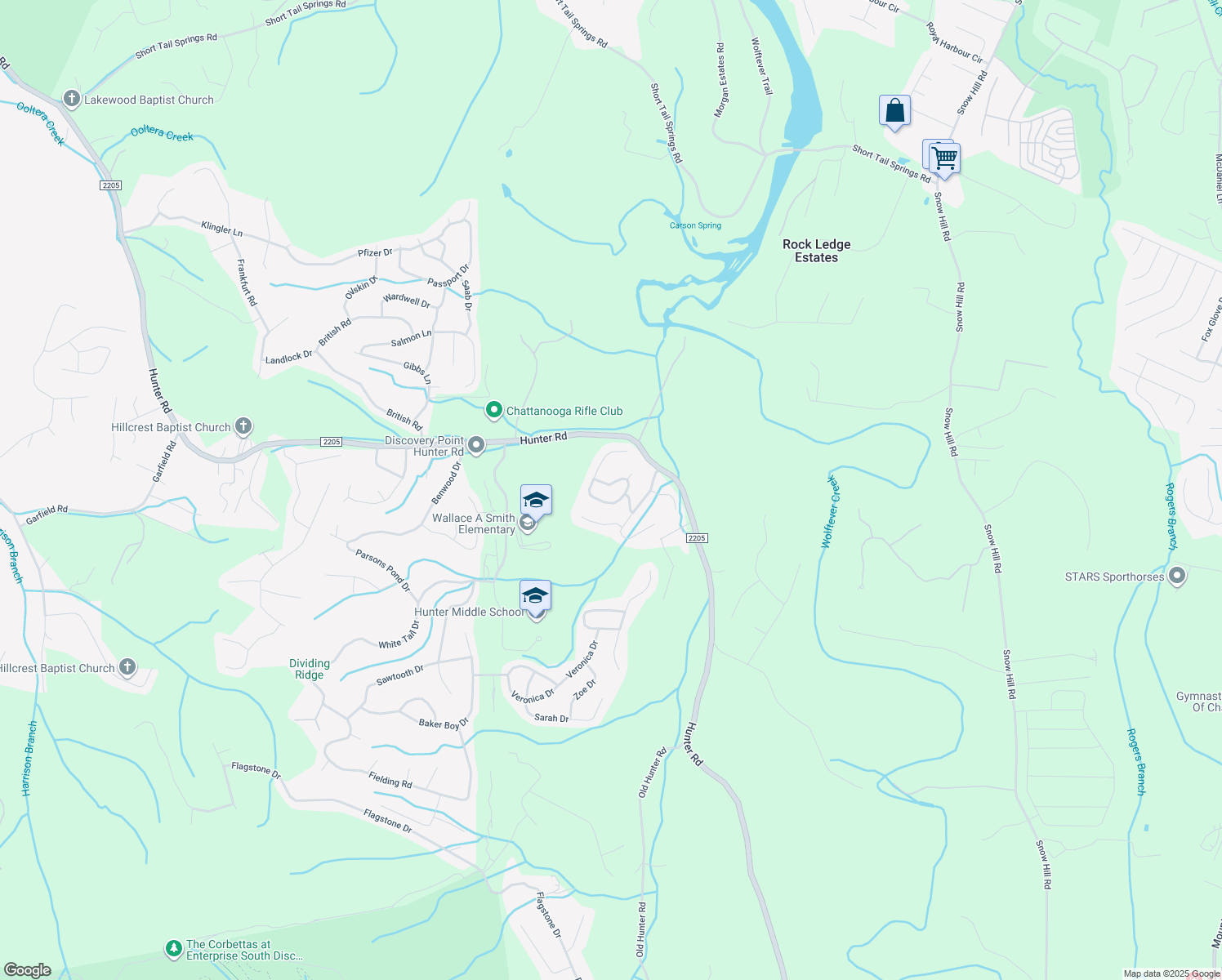 map of restaurants, bars, coffee shops, grocery stores, and more near 5849 Caney Ridge Circle in Ooltewah