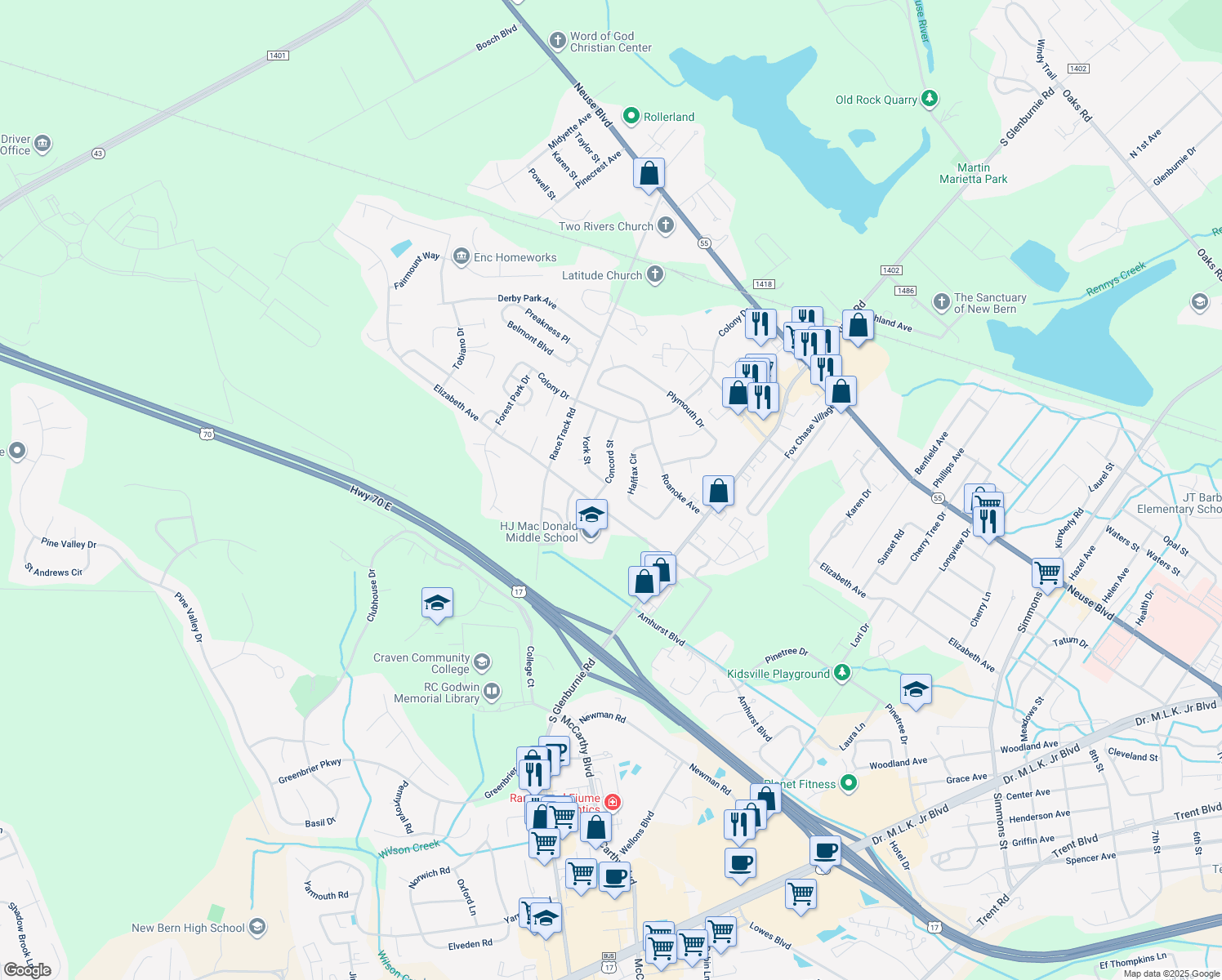 map of restaurants, bars, coffee shops, grocery stores, and more near 1604 Concord Street in New Bern