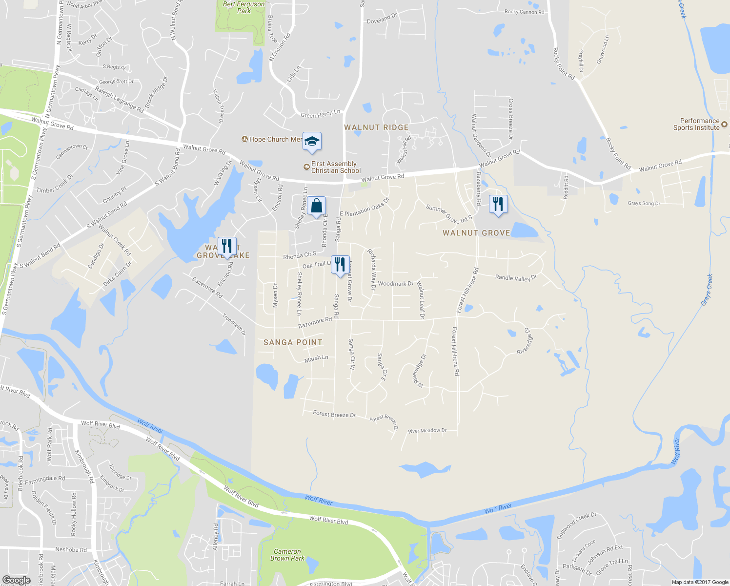map of restaurants, bars, coffee shops, grocery stores, and more near 338 Summerfield Lane in Shelby County